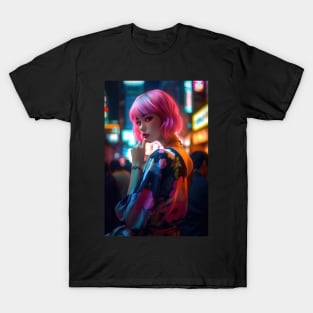 Cyberpunk Girl in Neon Tokyo, a Gaming Room Wall Art T-Shirt